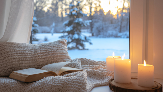 Achtsamkeitsritual mit Kerze, Buch und warmem Licht am Fenster