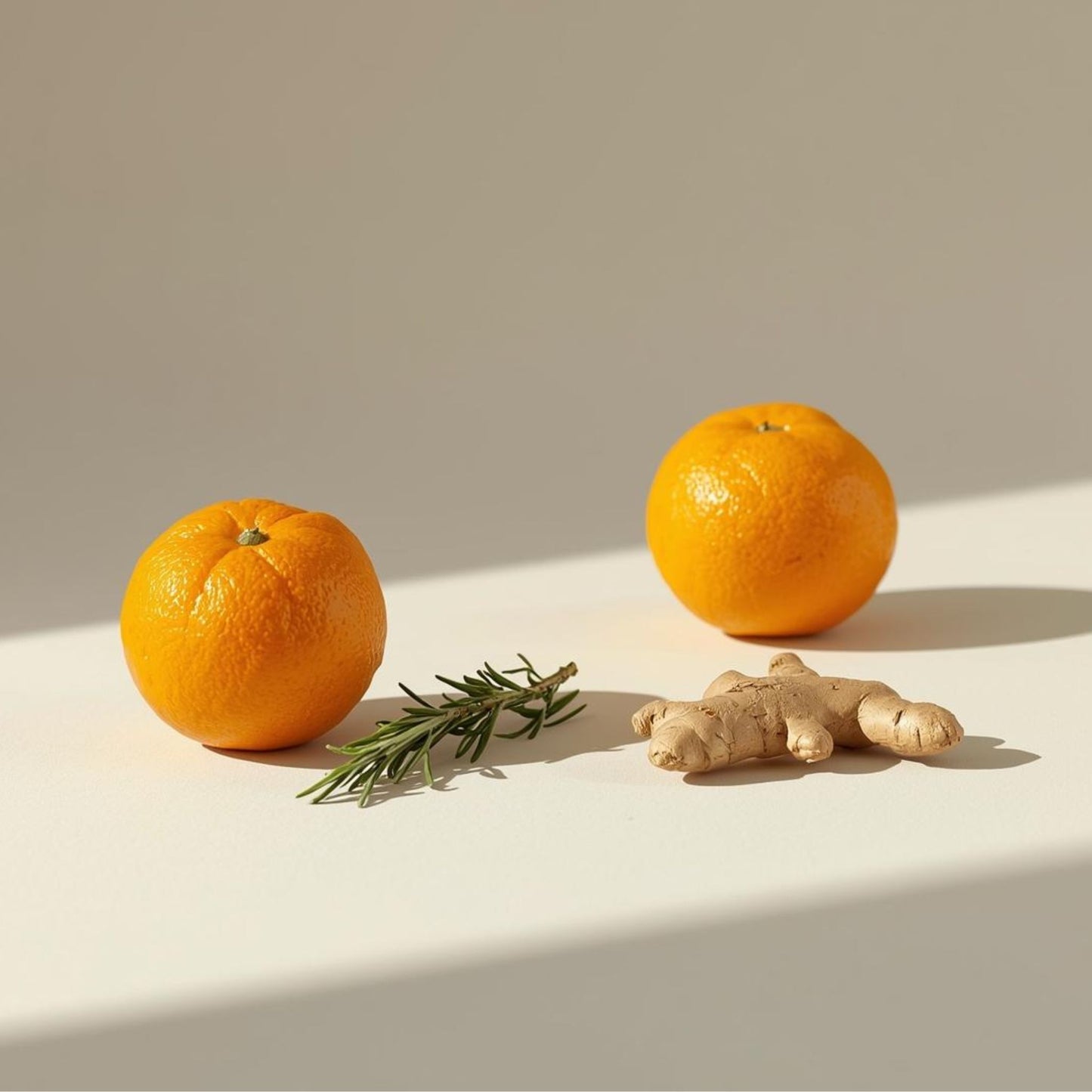Ätherische Öle aus Clementinen, Rosmarinzweig und Ingwerwurzel